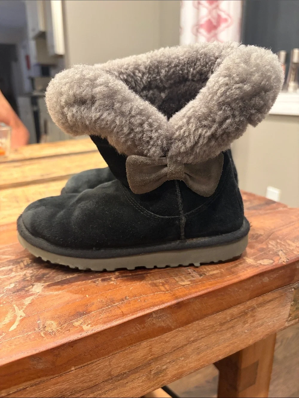 UGG Kids Black Suede Boot with Gray Fur Cuff and Bow Accent